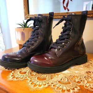 Black and Burgundy Patent Vegan Combat Boots